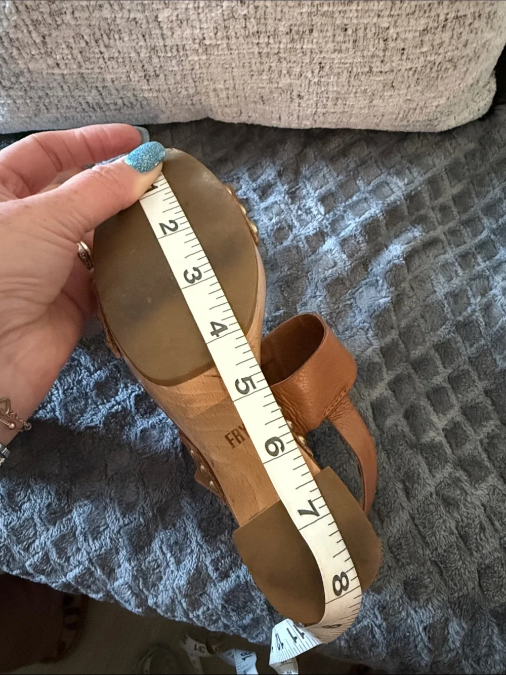 Frye Tan Leather Platform Wedge Sandals